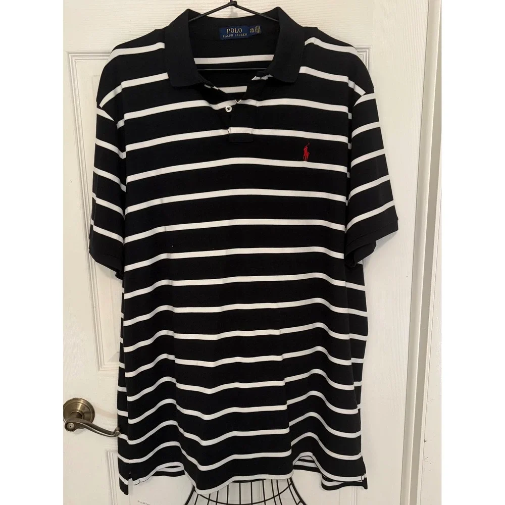 Polo Ralph Lauren Mens XXL Striped Short Sleeve Polo Shirt Navy Blue White EUC